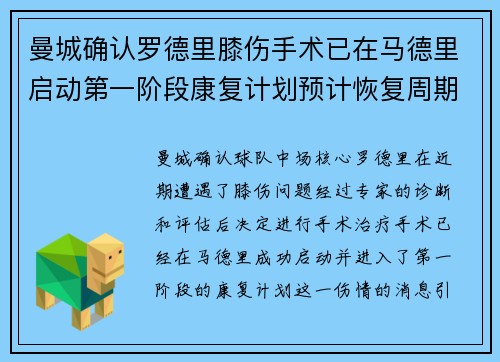 曼城确认罗德里膝伤手术已在马德里启动第一阶段康复计划预计恢复周期受关注